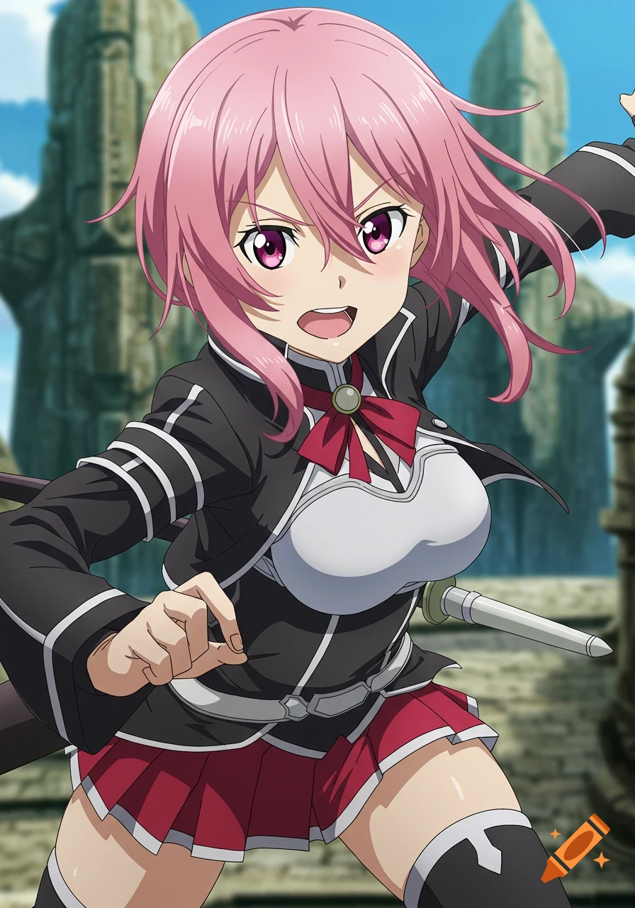 Pink-haired anime girl in uniform with a sword in a fantasy setting.