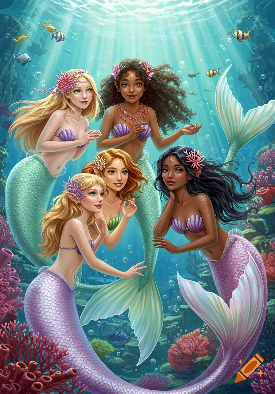 Digital painting of a group of beautiful mermaids swimming together in an underwater reef with coral and fish.