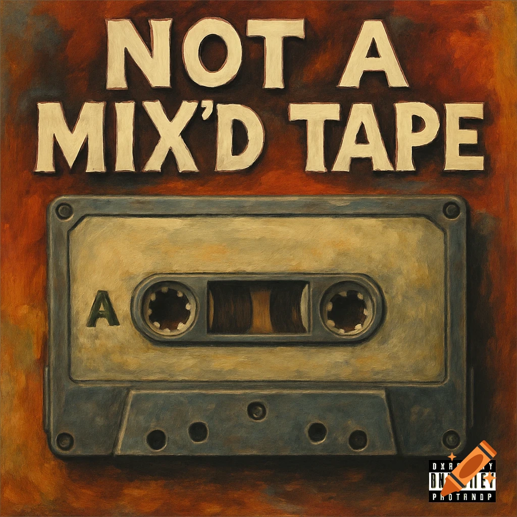 An oil painting of a cassette tape with the title NOT A MIX'D TAPE above it, in warm brown tones.