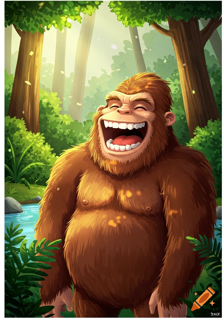 Cartoon illustration of a Bigfoot laughing in a forest by a stream.