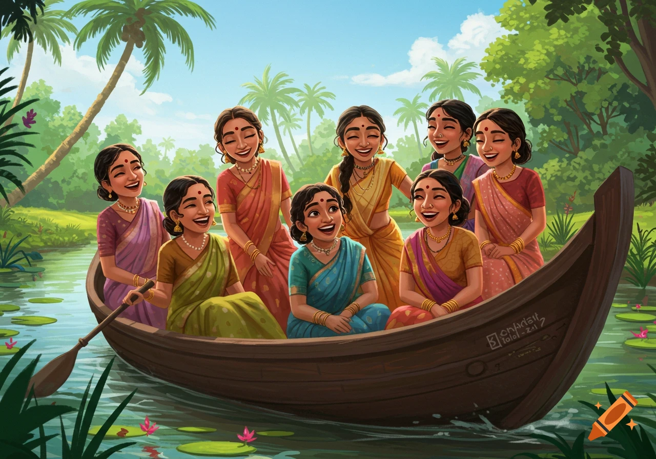 Seven Indian women in sarees laugh in a boat on a river with palm trees, illustration.