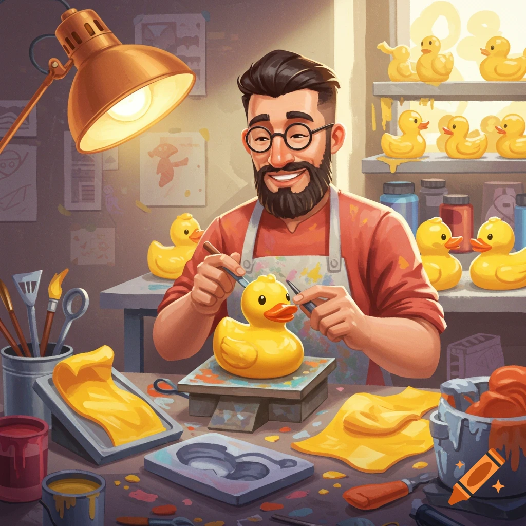 A man creates a rubber duck toy in a busy workshop.