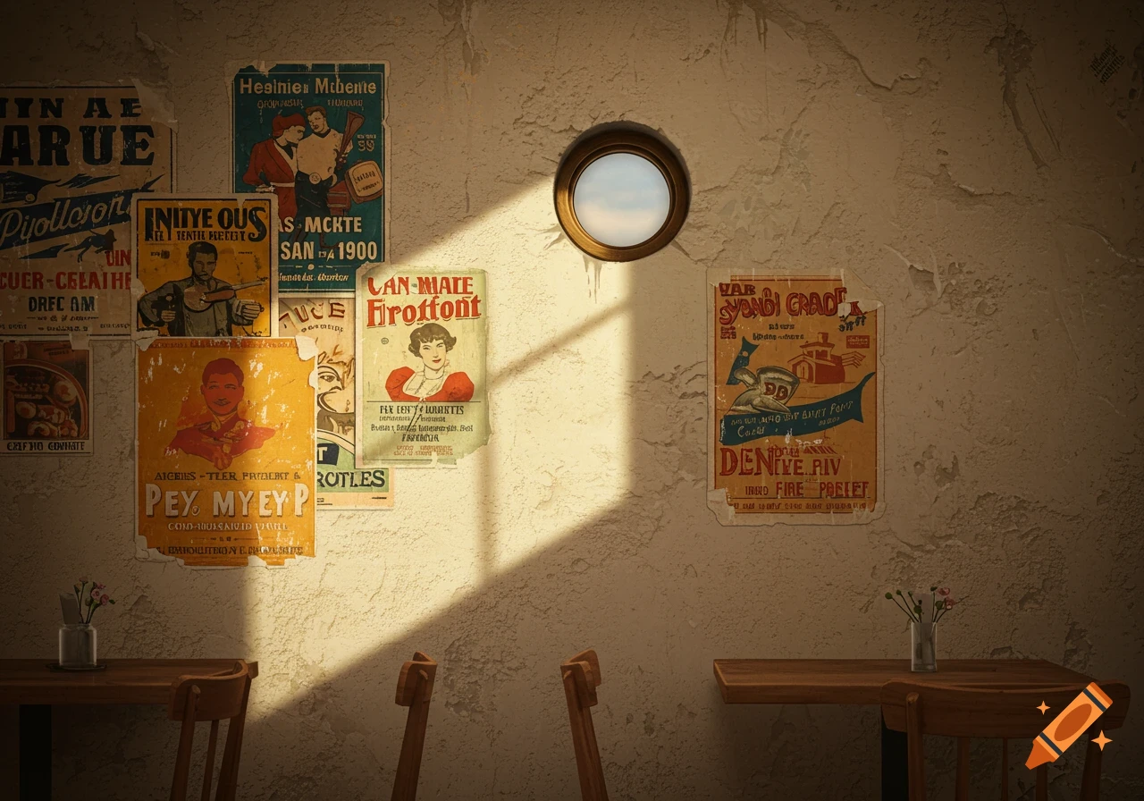 A cafe wall covered in vintage posters, with a round mirror, tables, and chairs, bathed in sunlight.