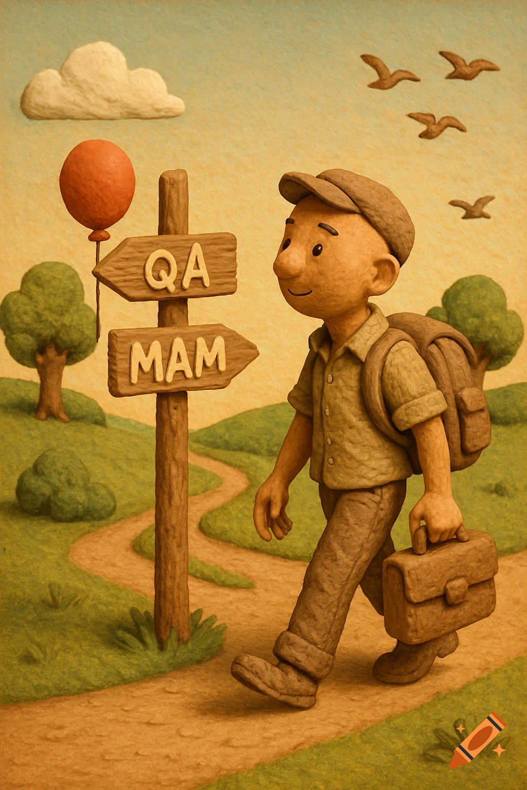 Claymation illustration of a man at a signpost pointing to QA and MAM.