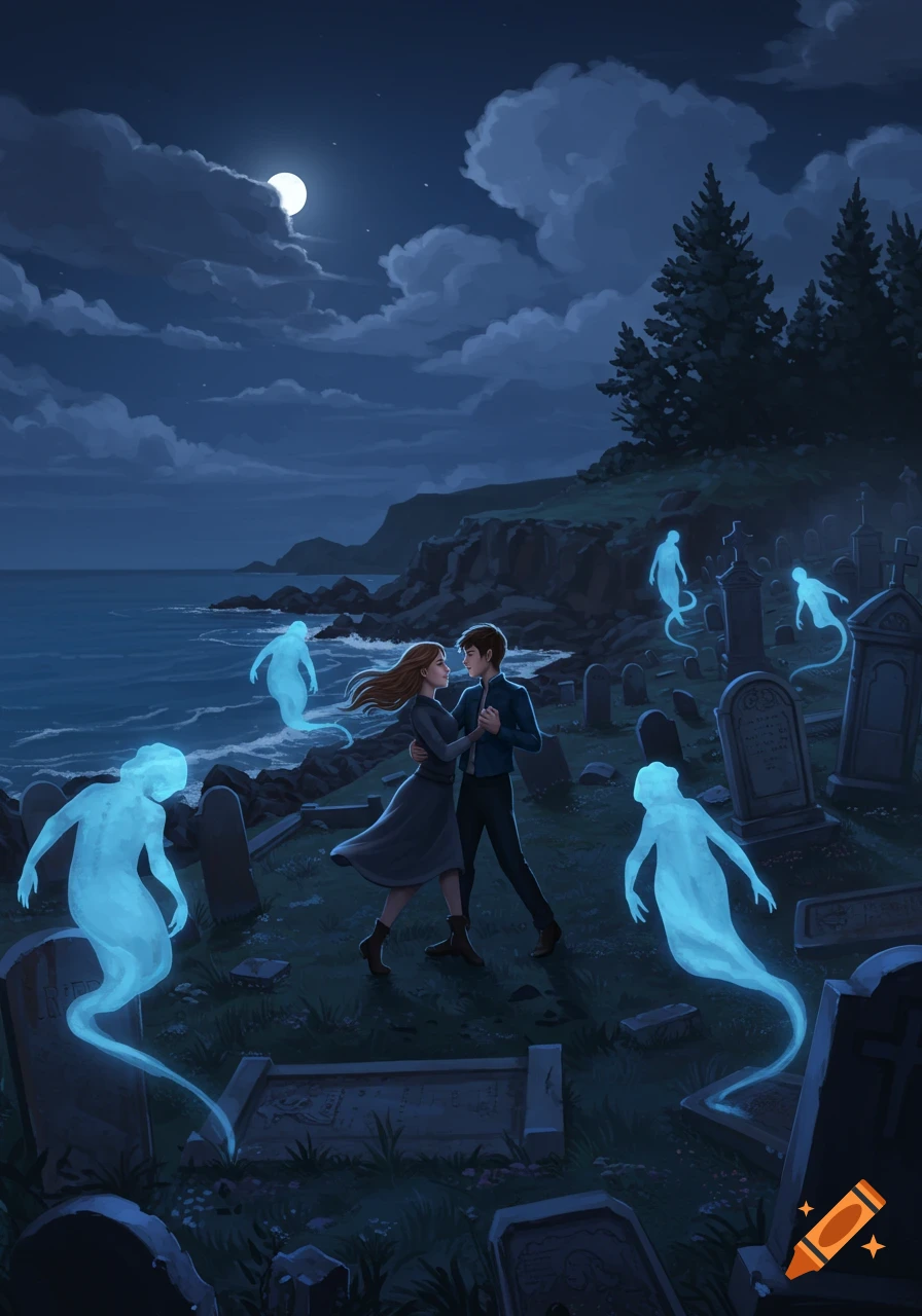 Couple dancing in a cemetery by the sea at night, surrounded by glowing blue ghosts under a full moon. Spooky fantasy art.