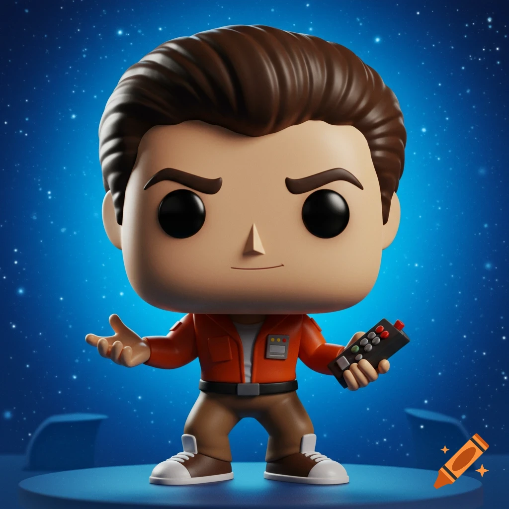 Funko Pop figure of Mike Nelson from Mystery Science Theater 3000 holding a remote on a stage with a starry background.