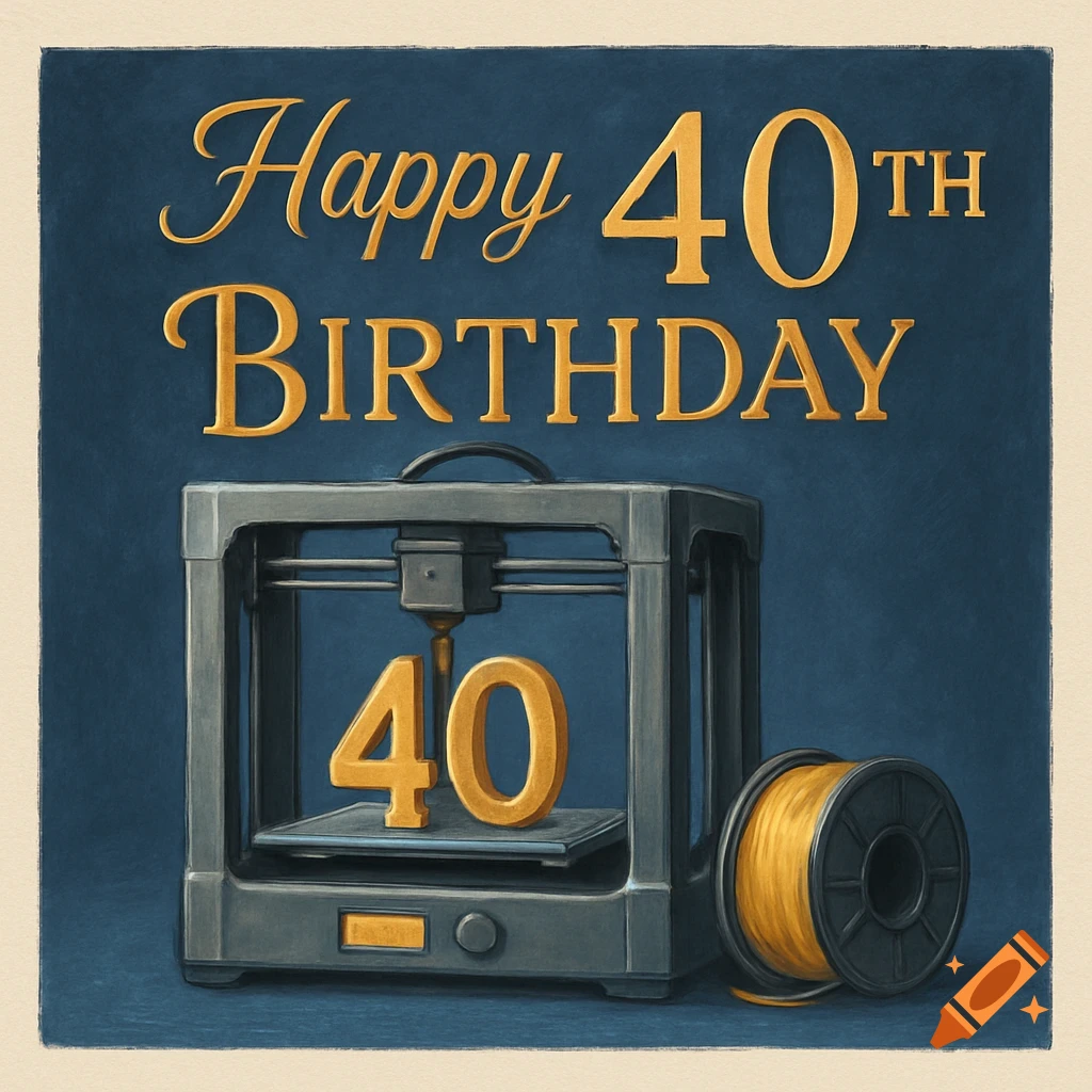 Happy 40th Birthday card with a 3D printer creating the number 40