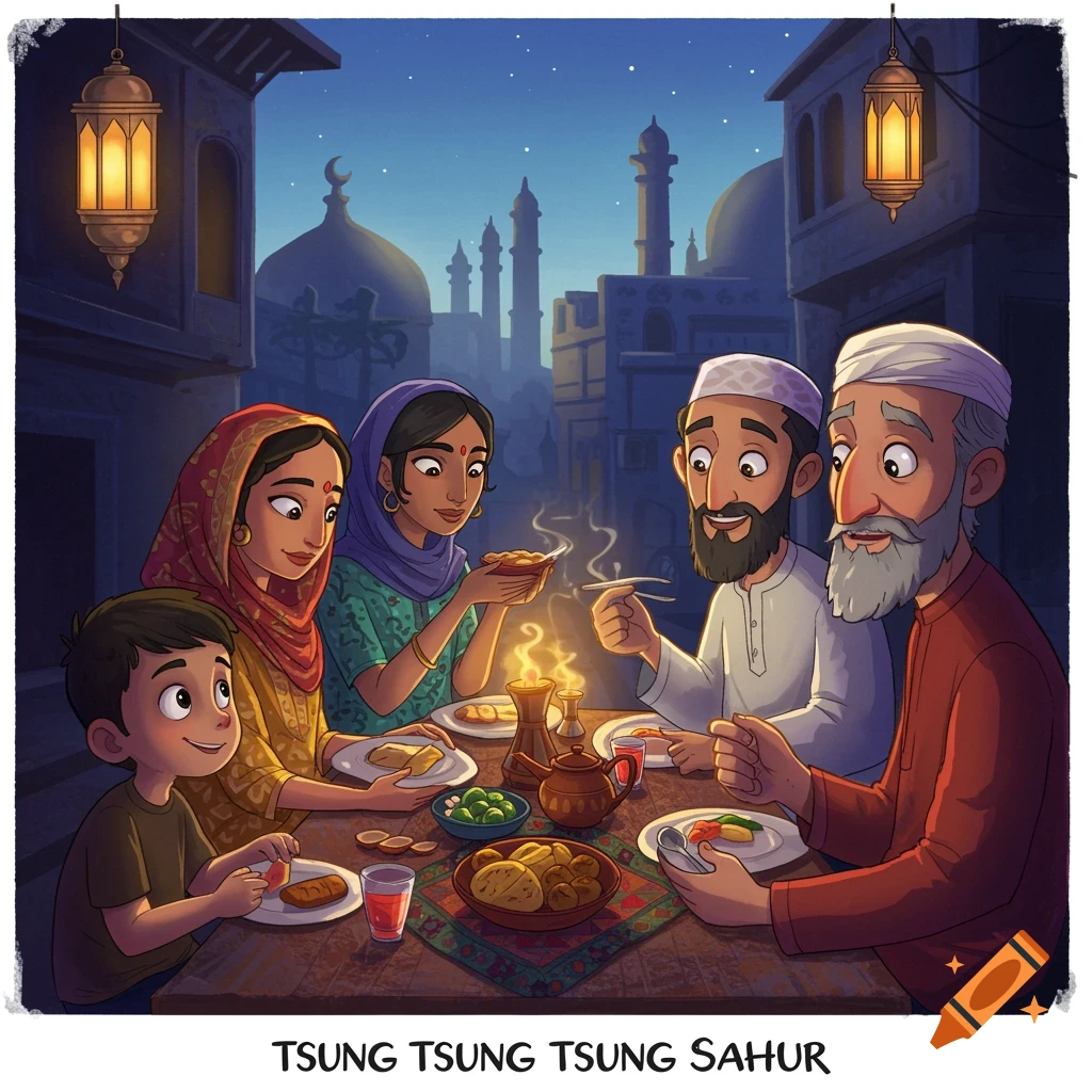Illustration of a family eating a meal outdoors at night with Islamic architecture in the background and text below.