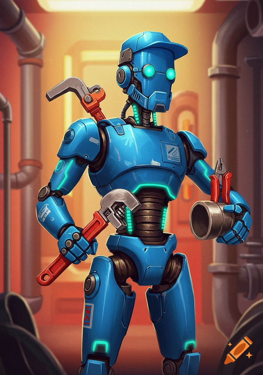 Blue robot plumber wearing a cap and holding tools stands among pipes. Digital illustration.