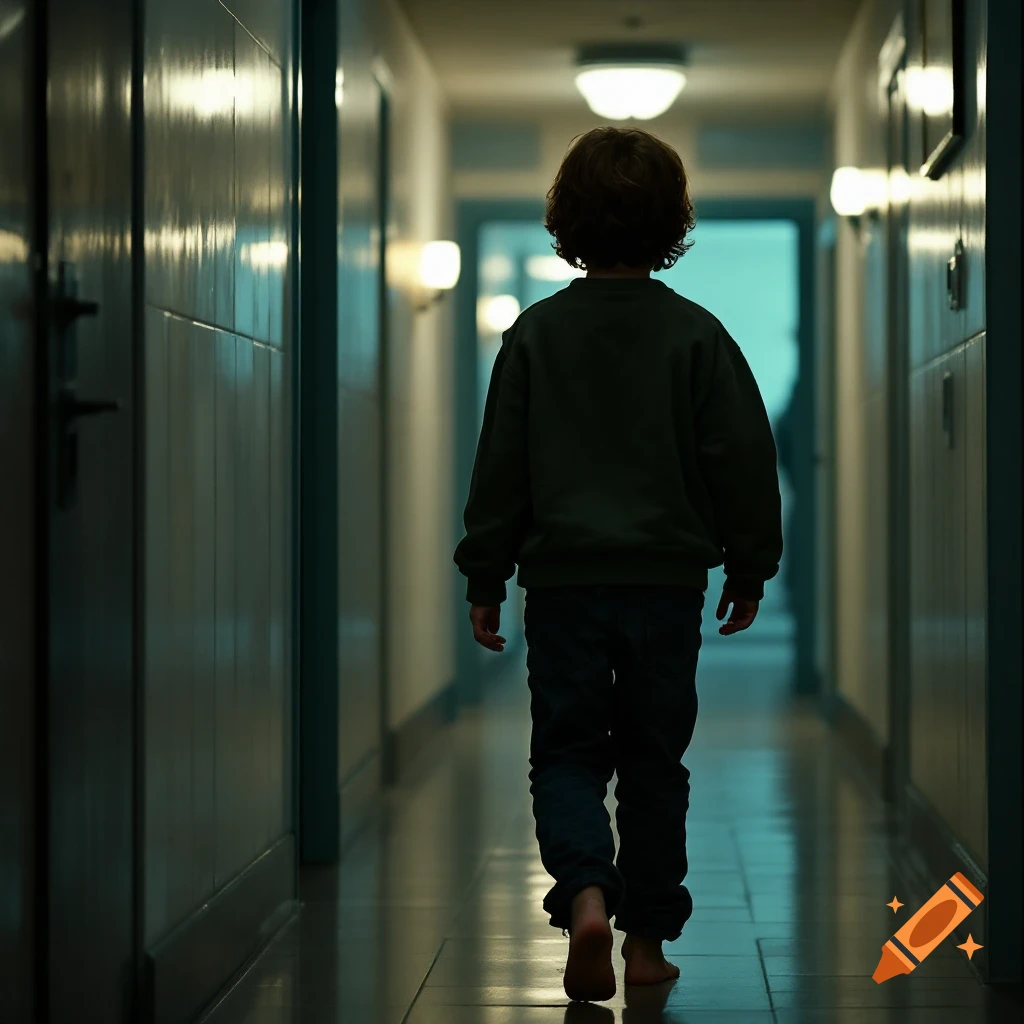A child walks barefoot down a dark, dimly lit hallway, seen from behind.