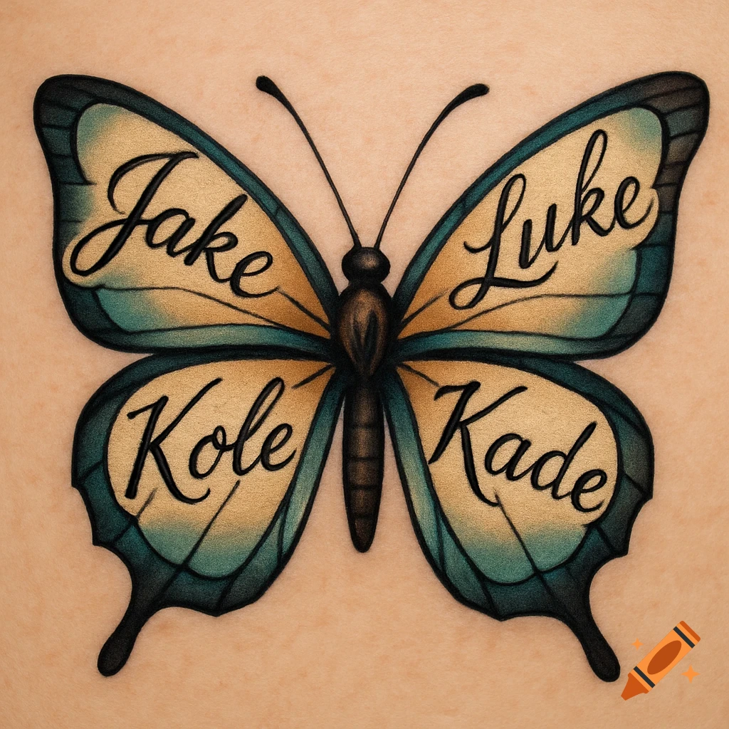 A butterfly tattoo with the names Jake, Luke, Kole, and Kade written on its wings in cursive.