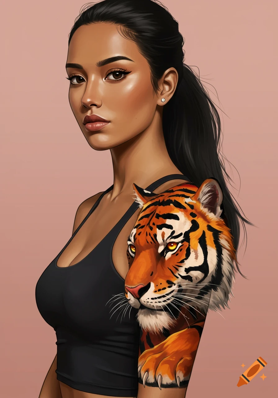  A woman with a half-sleeve tiger tattoo on her arm. on Craiyon