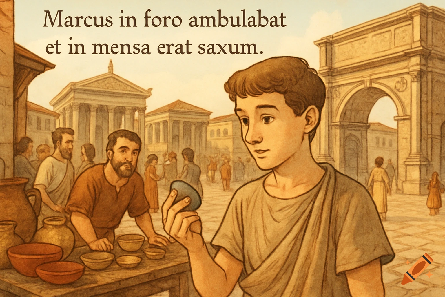 An illustration of a young man in Roman clothes holding a stone at a market stall in a Roman forum.