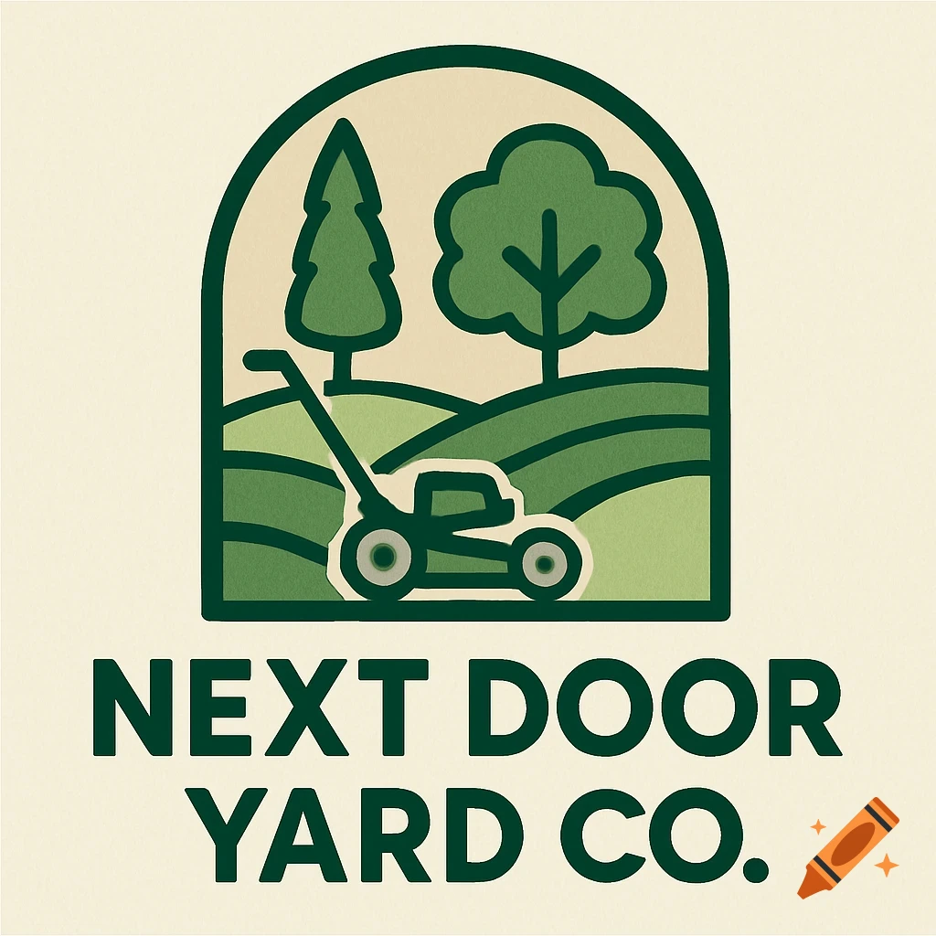 Stylized logo for Next Door Yard Co featuring a lawnmower in a landscape under an arch.