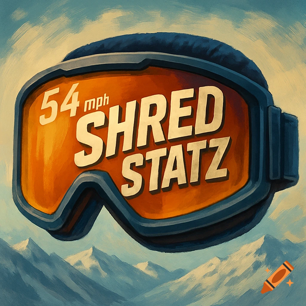 Ski goggles with '54 mph Shred Statz' over mountains in a painterly style.