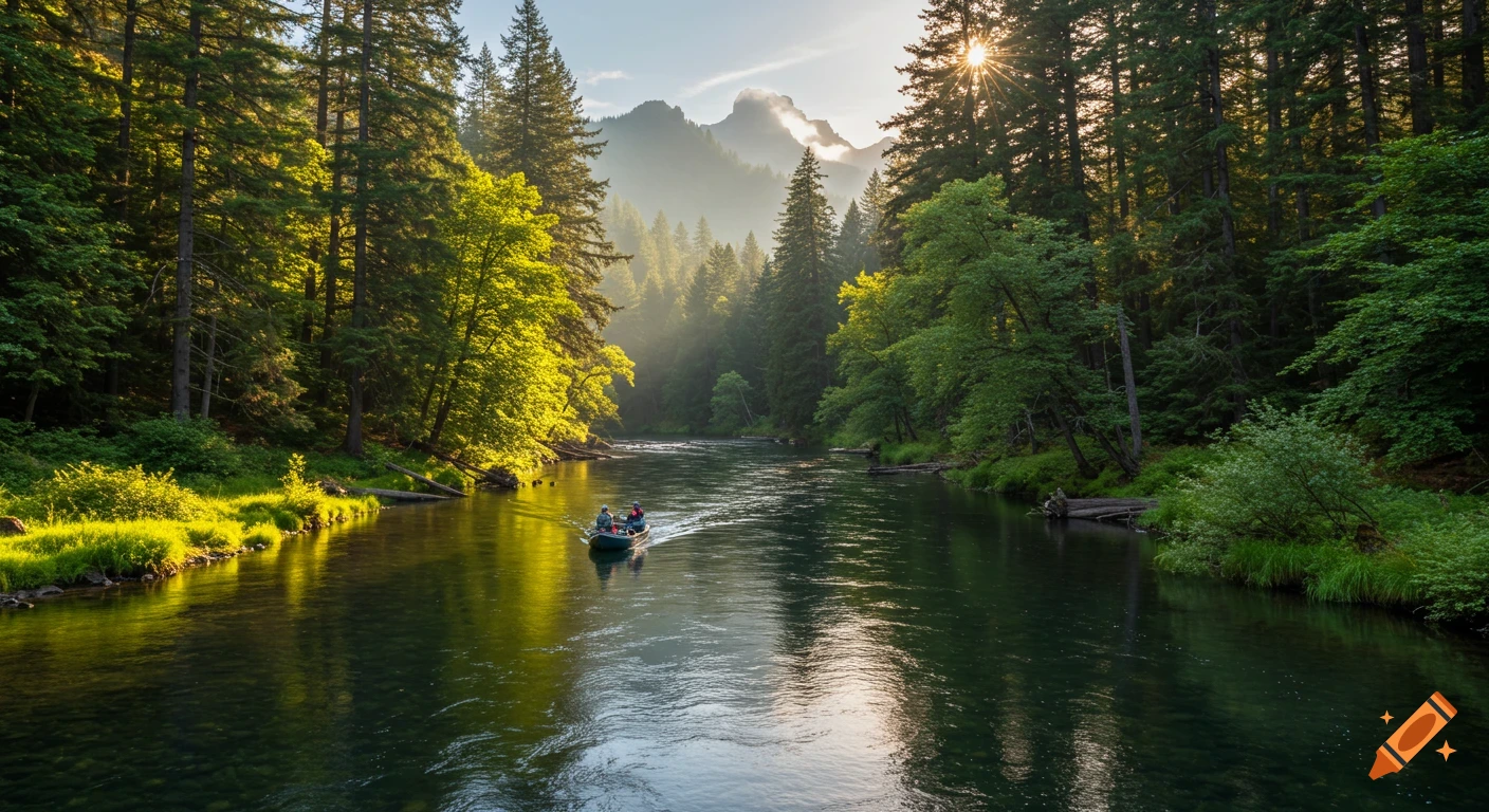 A drift boat with people floats down a river through a sunlit forest.