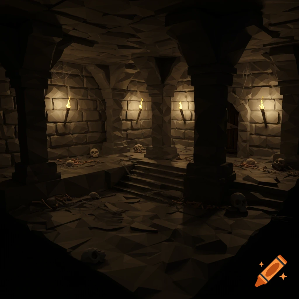 Low poly dungeon with pillars, torches, stairs, and scattered skulls and skeletons.