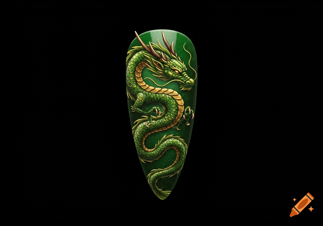 Green stiletto nail with a detailed golden-green dragon design on a black background.