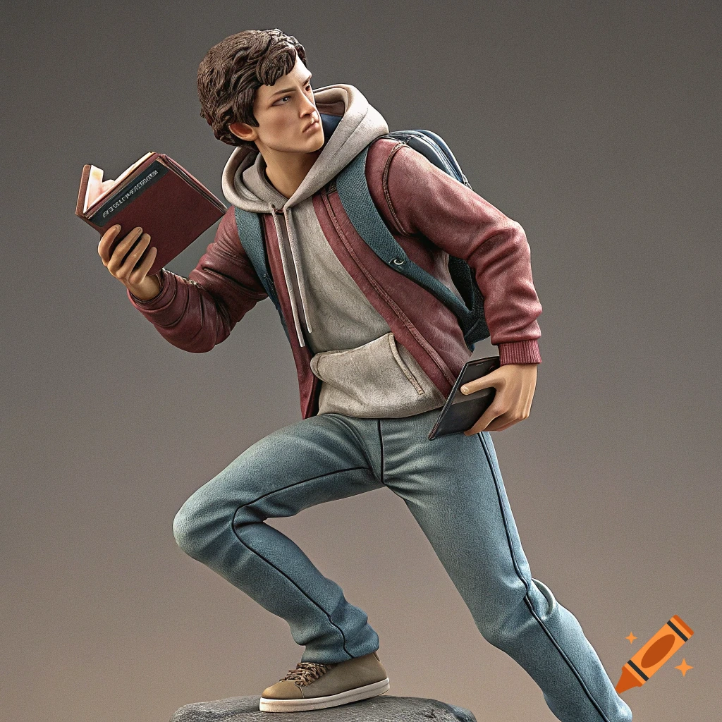 Realistic action figure of young man holding book and phone