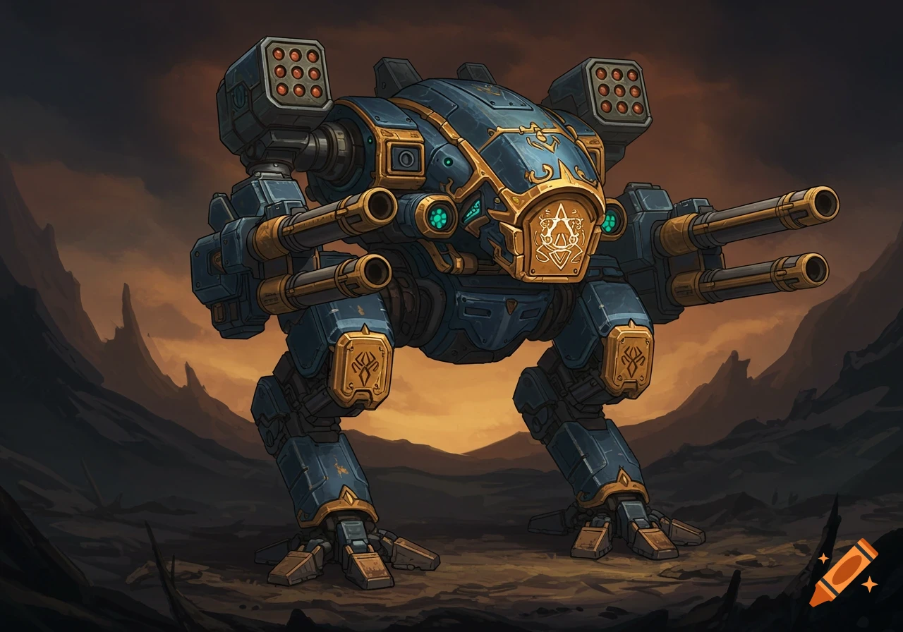 Blue and gold mecha standing in a rocky landscape under an orange sky.