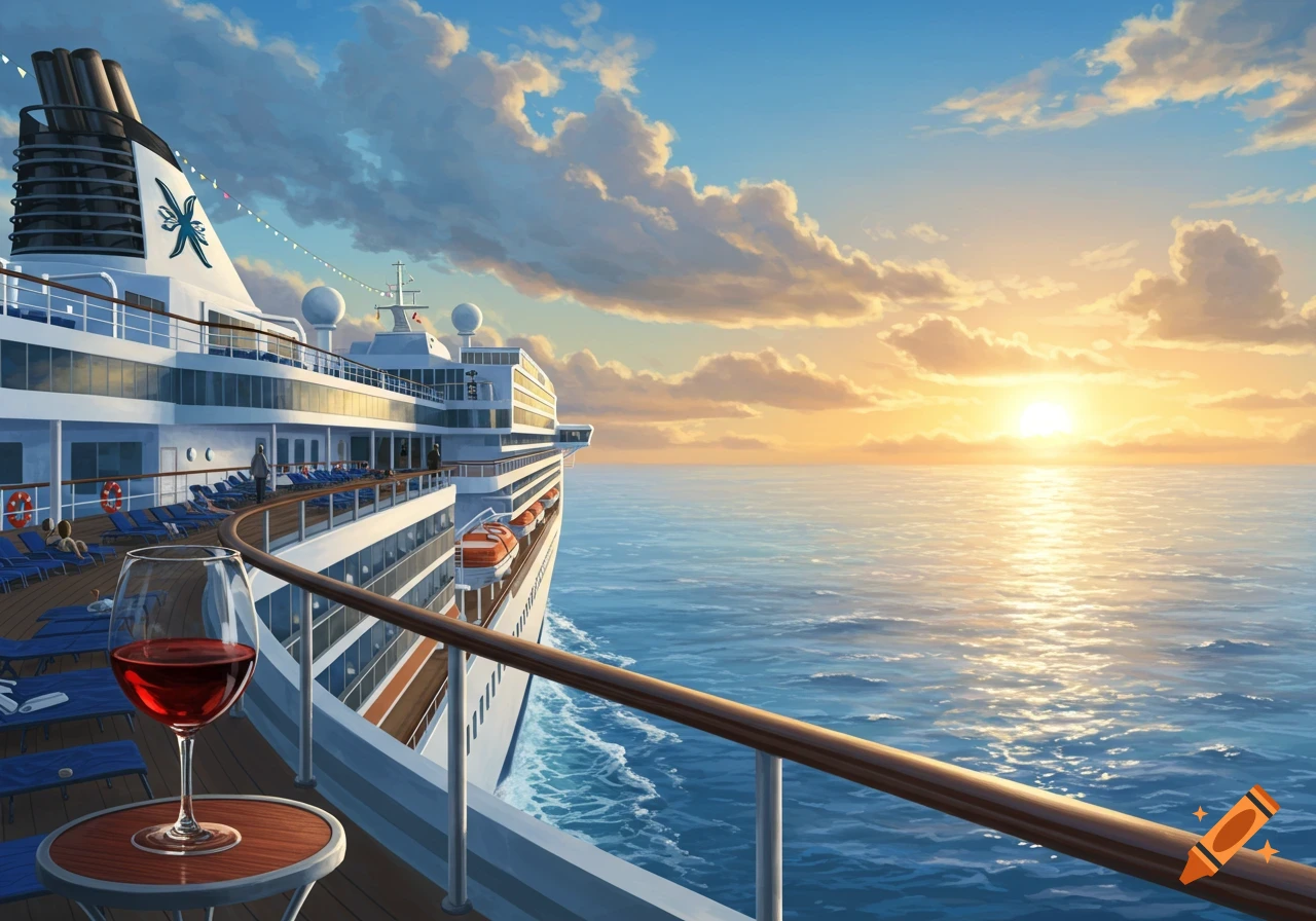 A glass of red wine on the deck of a cruise ship sailing into a vibrant sunset over the ocean, illustration.