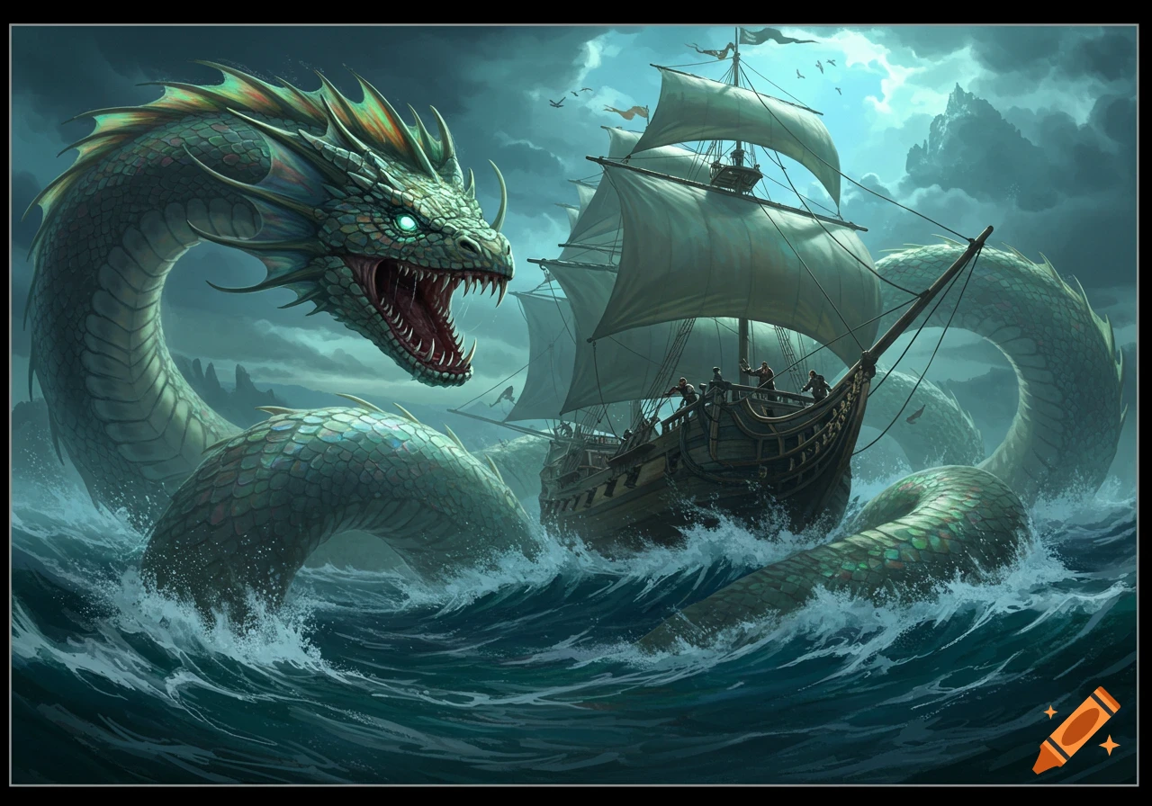 A giant green sea serpent towers over a galleon ship in a stormy sea, illustration.