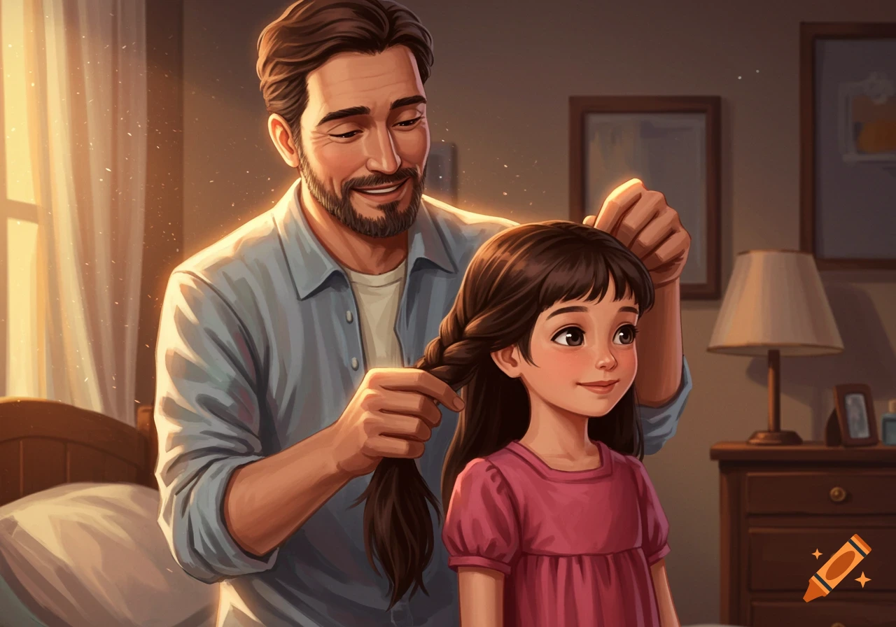 An illustration of a father braiding his daughter's hair in a sunlit room.