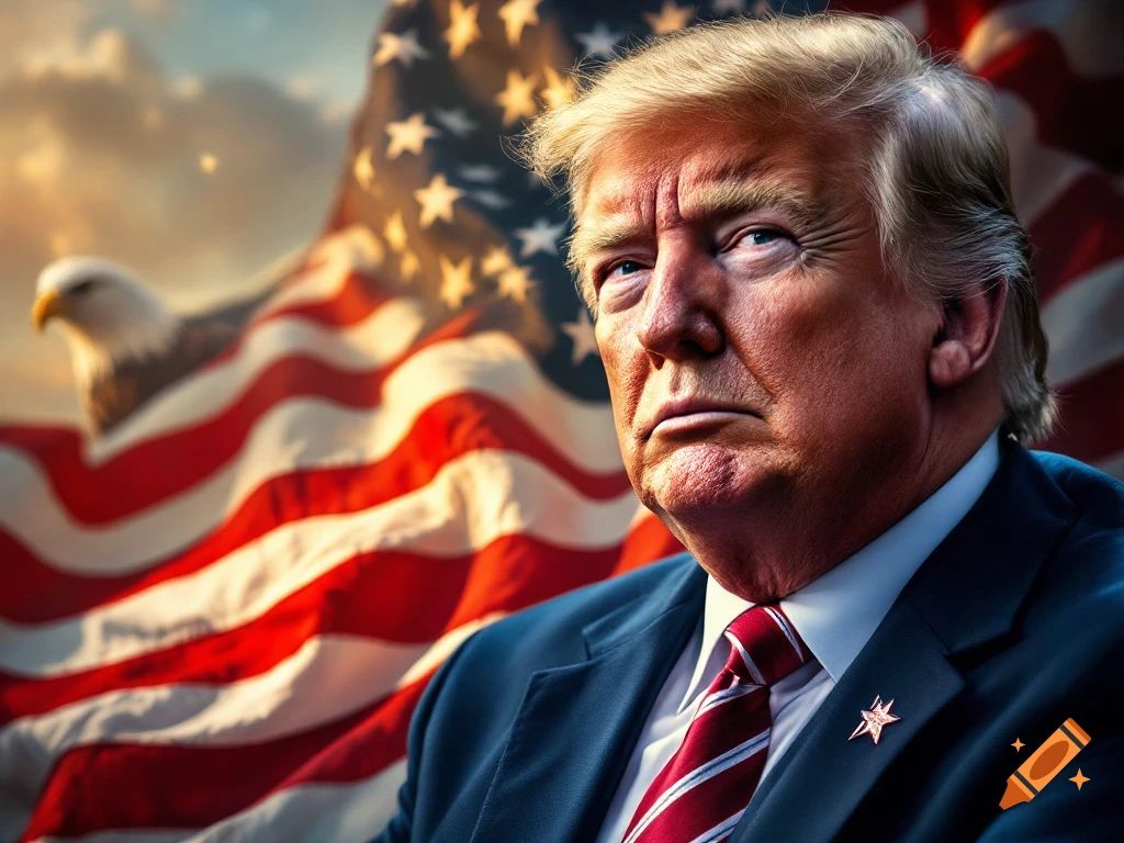 Portrait of Donald Trump in a suit and tie against an American flag and eagle.