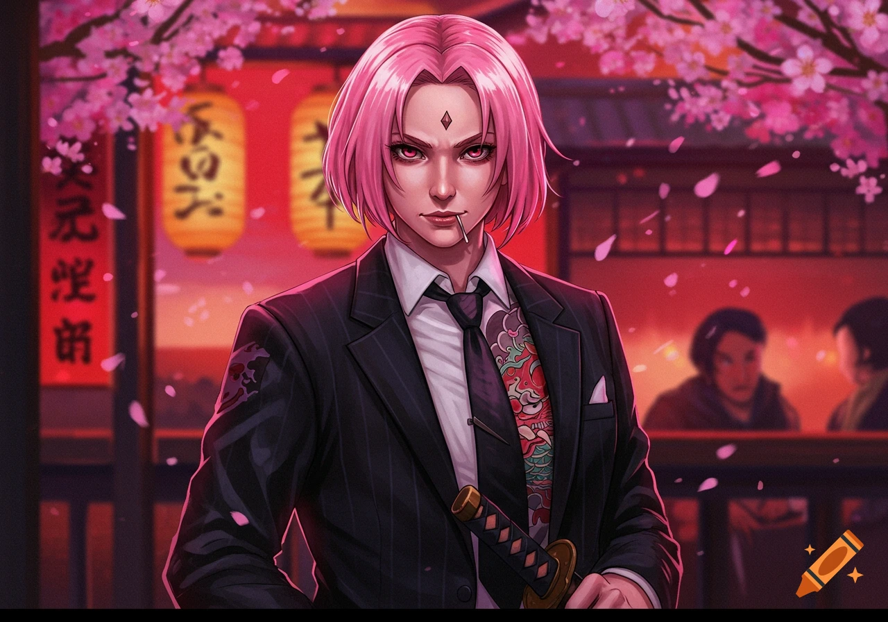 Illustration of a pink-haired woman in a suit with a tattoo and sword, under cherry blossoms and lanterns.