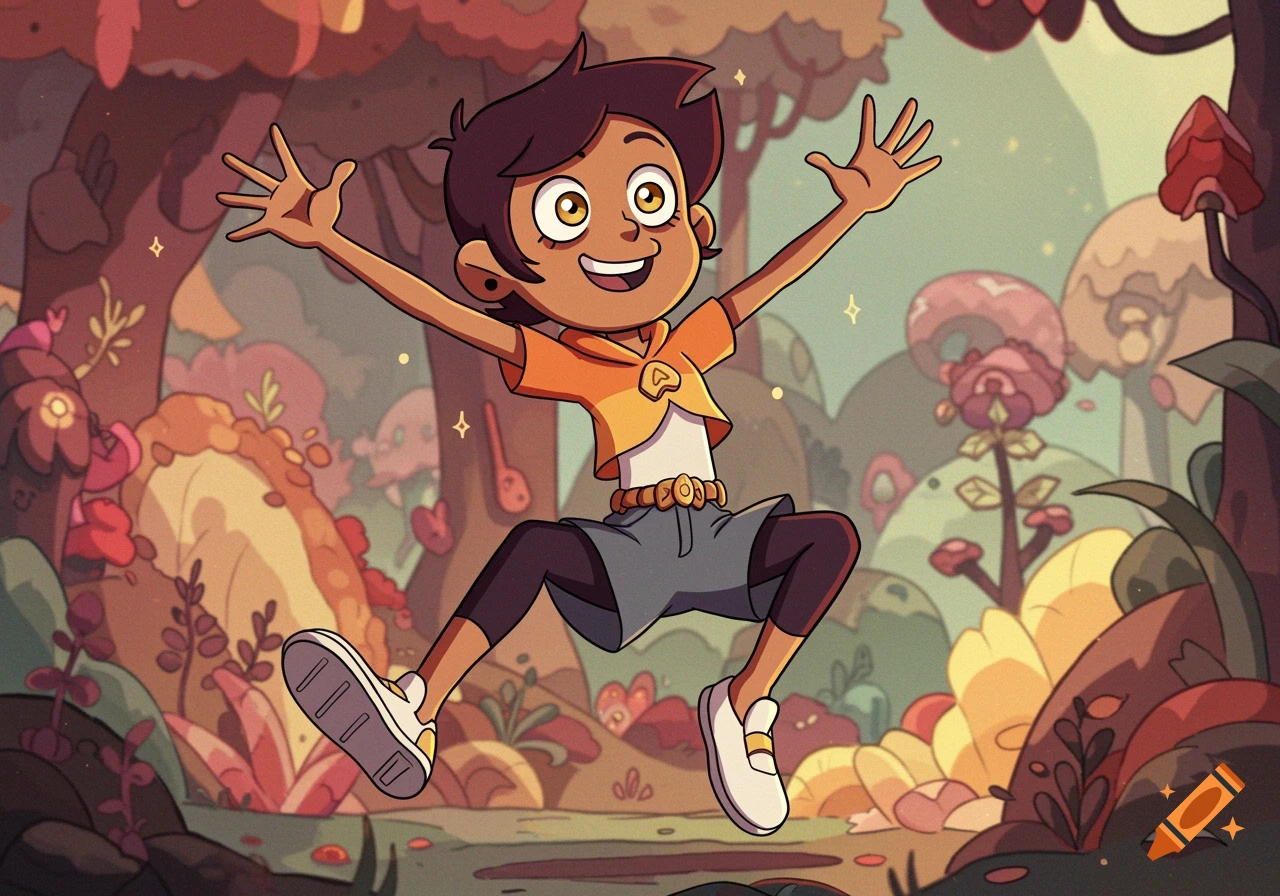 Cartoon character jumps happily in a colorful fantasy forest, animated style.