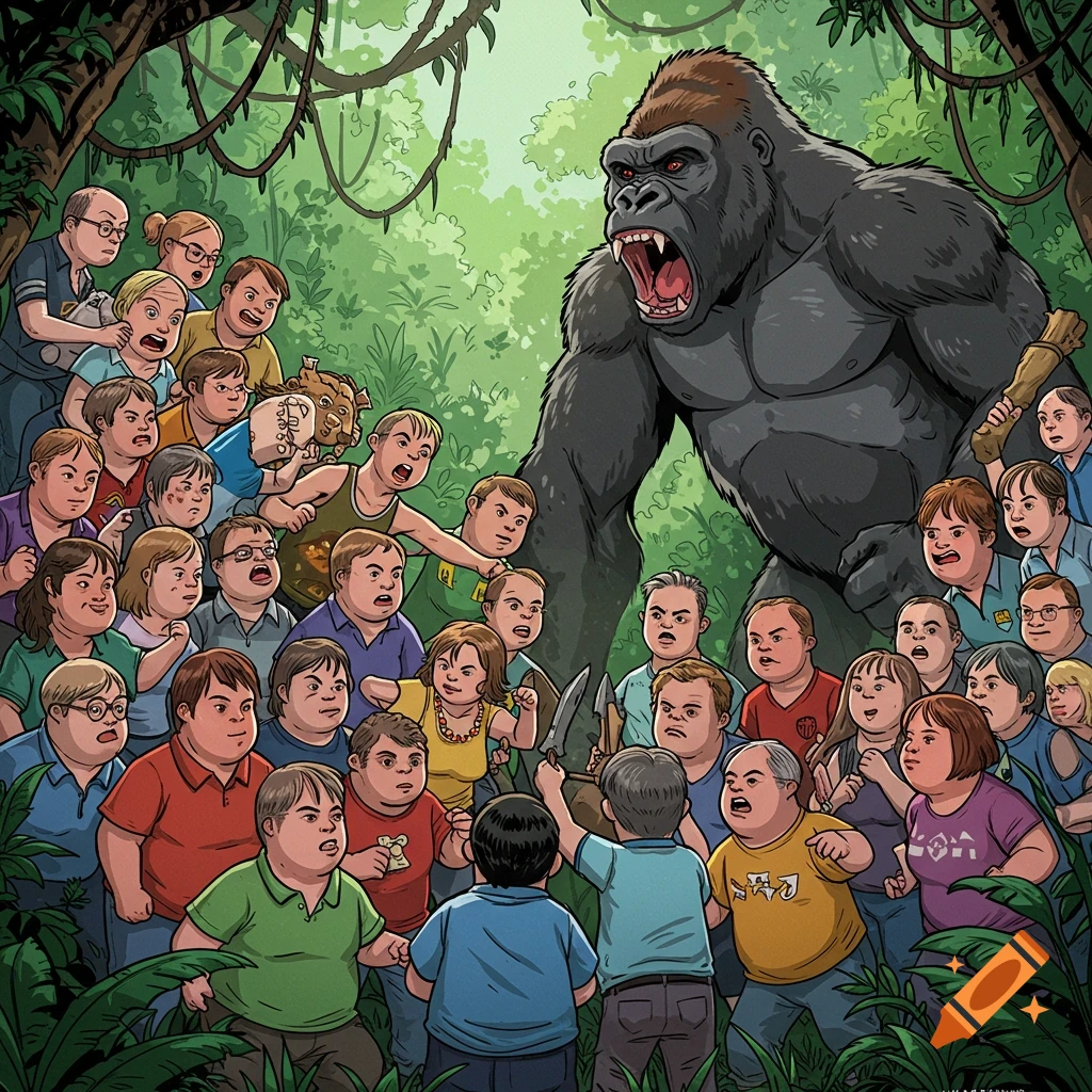 Cartoon illustration of a crowd of people confronting a gorilla in a jungle.