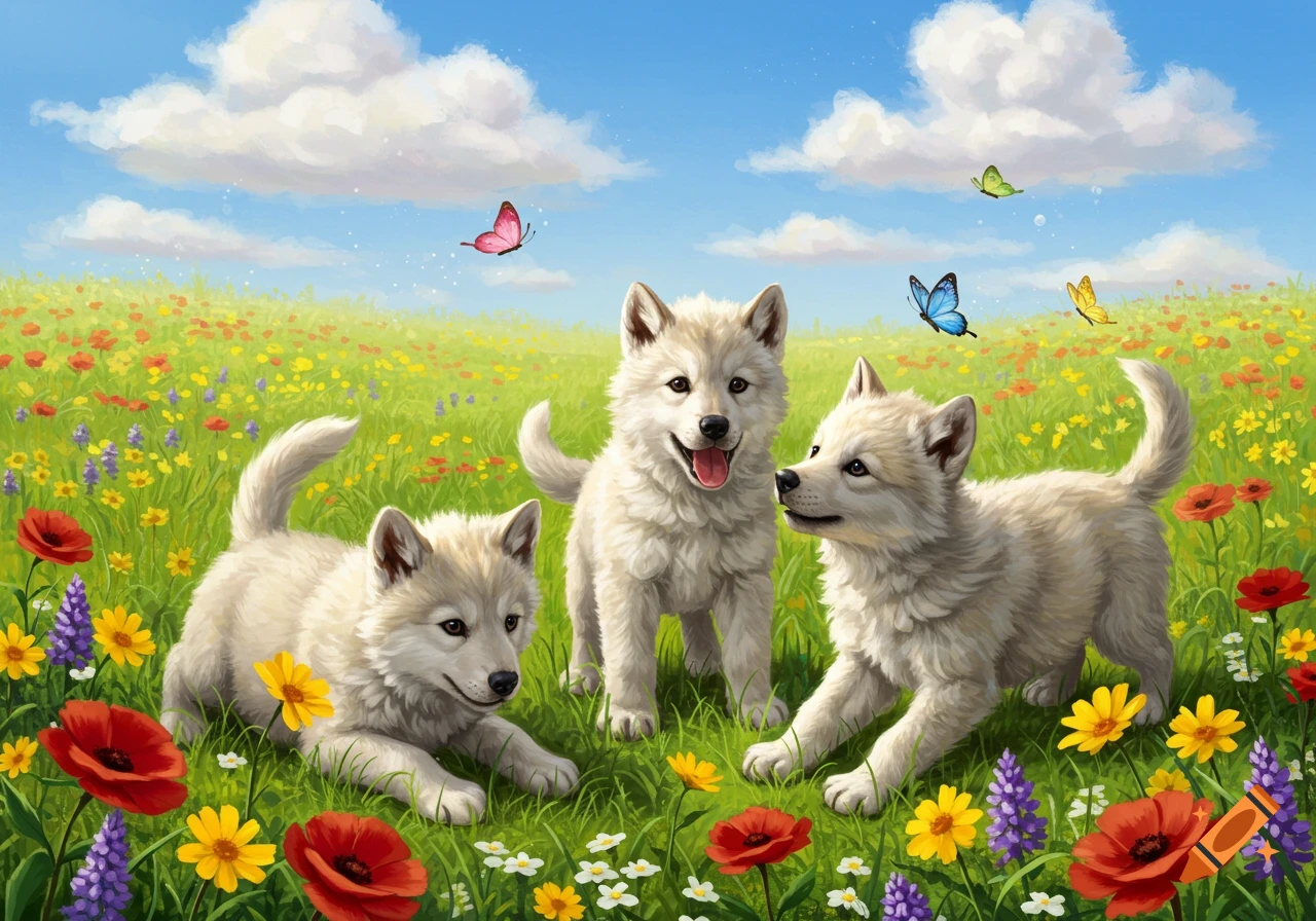 Three fluffy white wolf puppies play in a field of wildflowers with butterflies under a sunny blue sky.