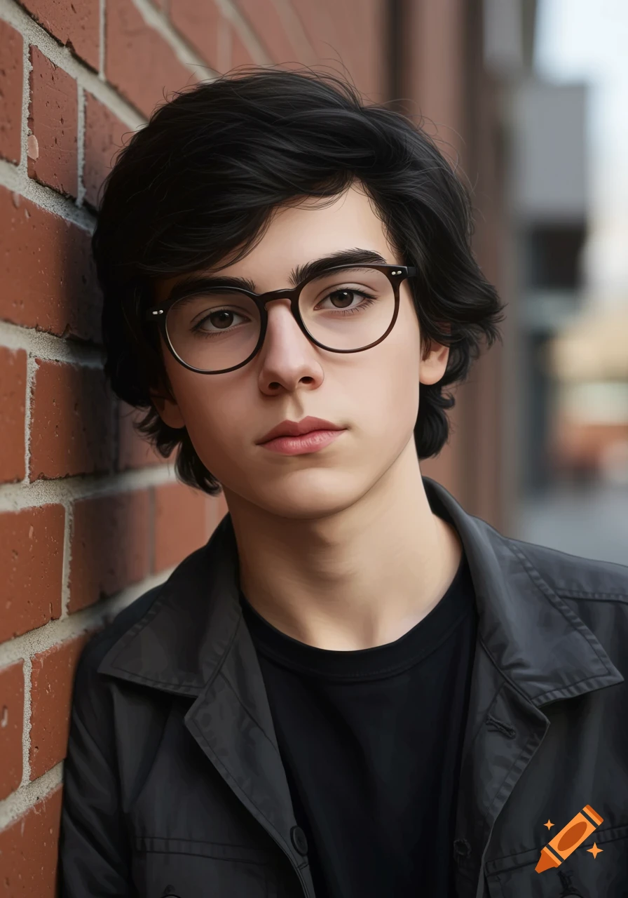 Portrait of a serious-looking teenage boy with black hair and glasses leaning against a brick wall.