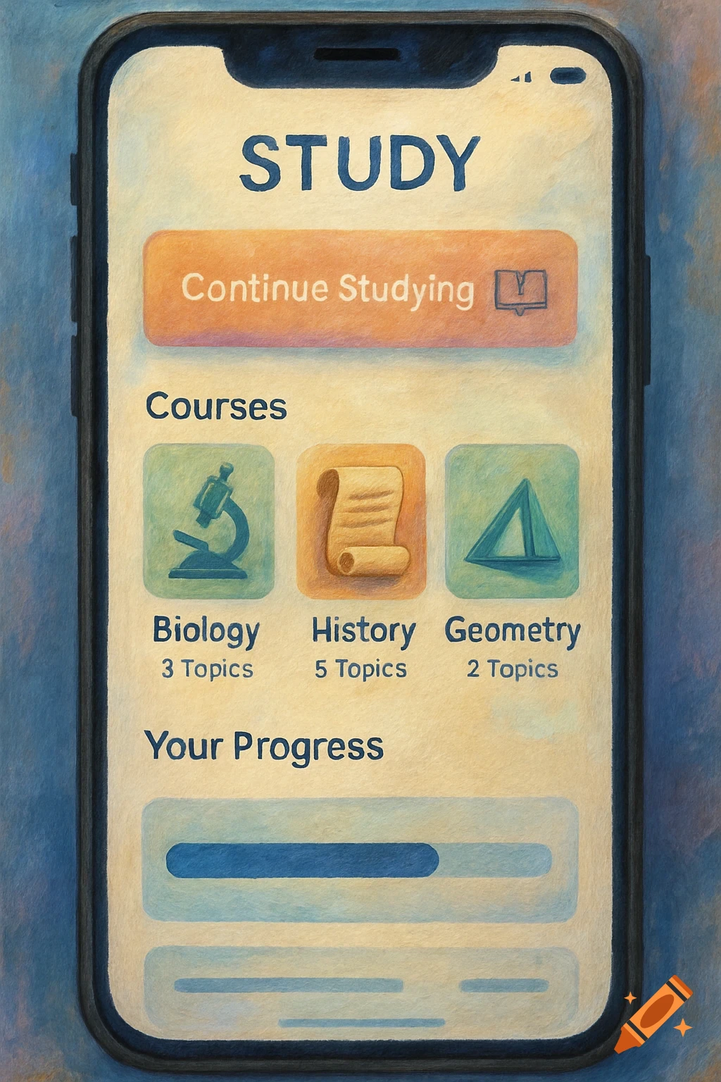 Illustration of a smartphone displaying a study app interface.