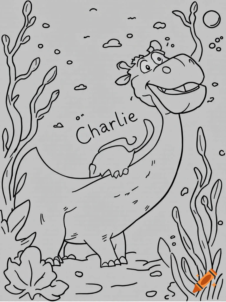 Black and white line drawing of a friendly cartoon fantasy creature with Charlie written on it, like a coloring page.
