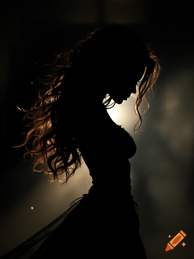 Silhouette profile of a woman with backlighting on her hair, head bowed.