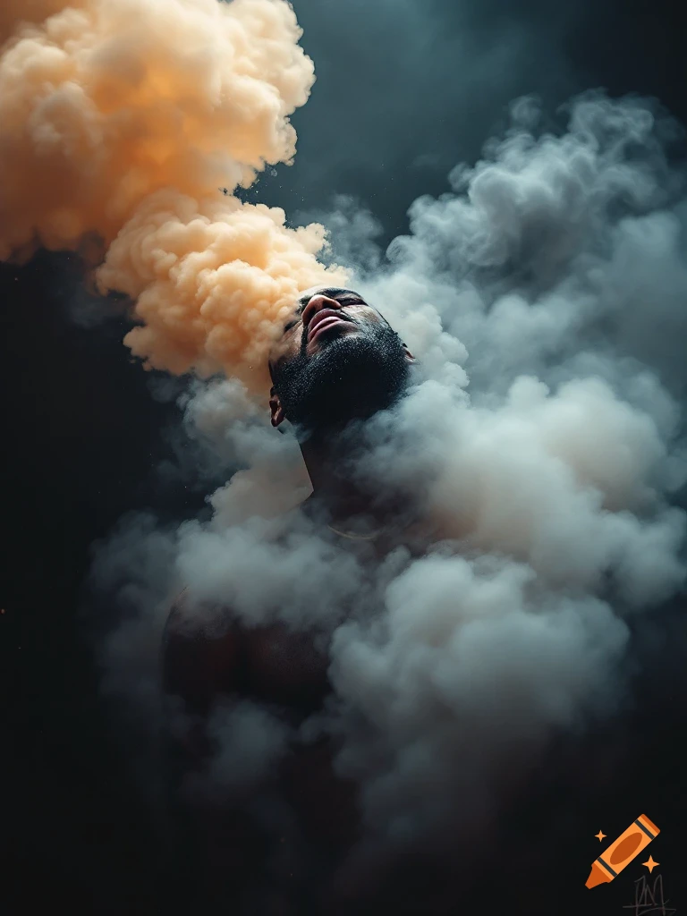 A man's face and head emerge from a swirling cloud of orange and grey smoke.