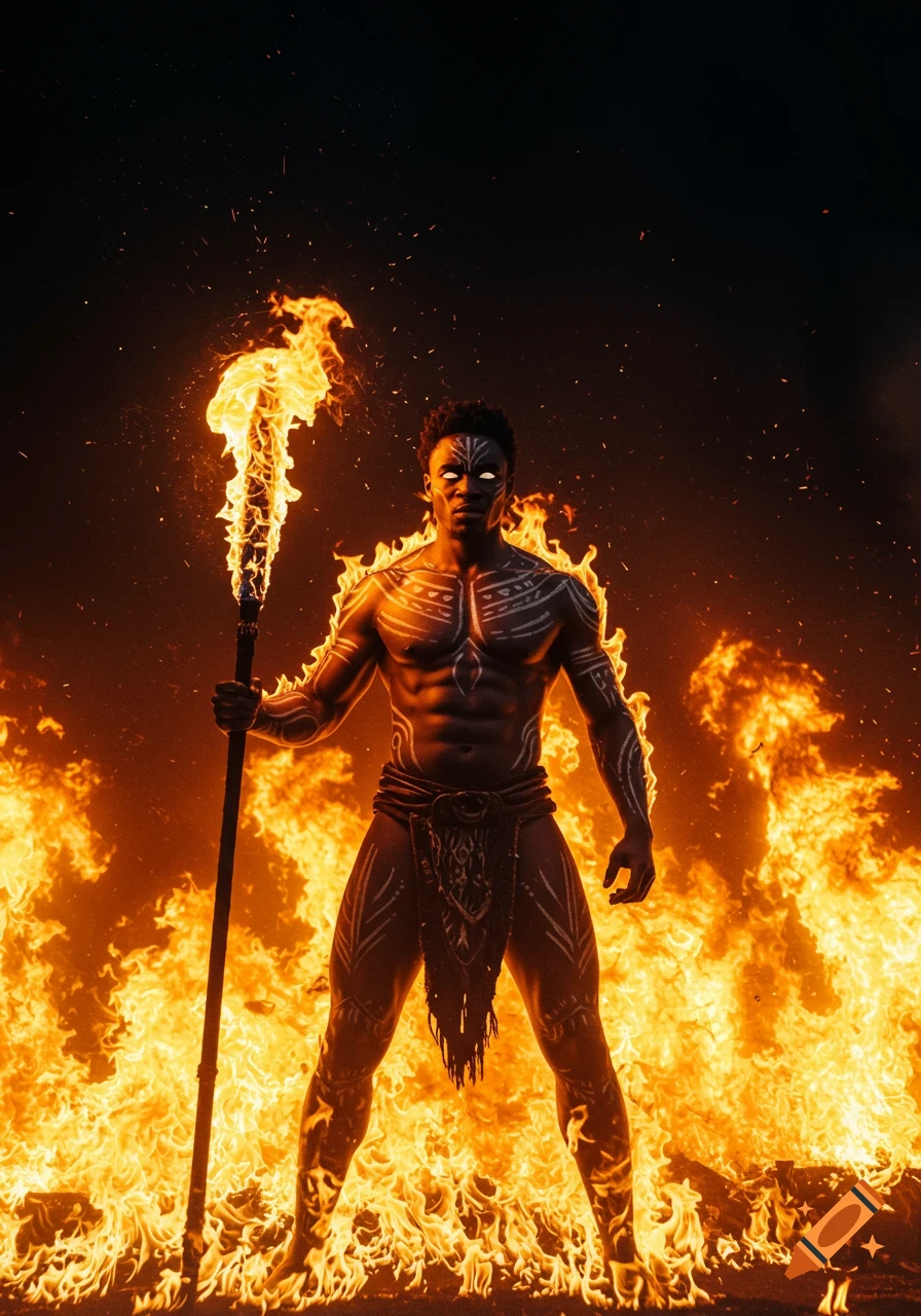 A muscular man with tribal markings and glowing eyes stands surrounded ...