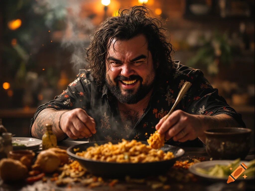 Man with messy hair and beard intensely eating food from a bowl.