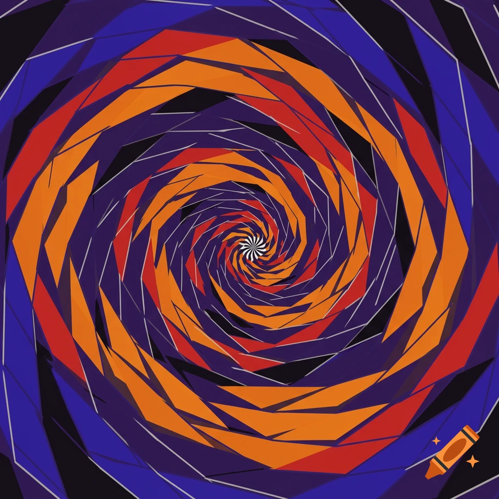 A swirling geometric pattern in blue, orange, and red creates an optical illusion effect.