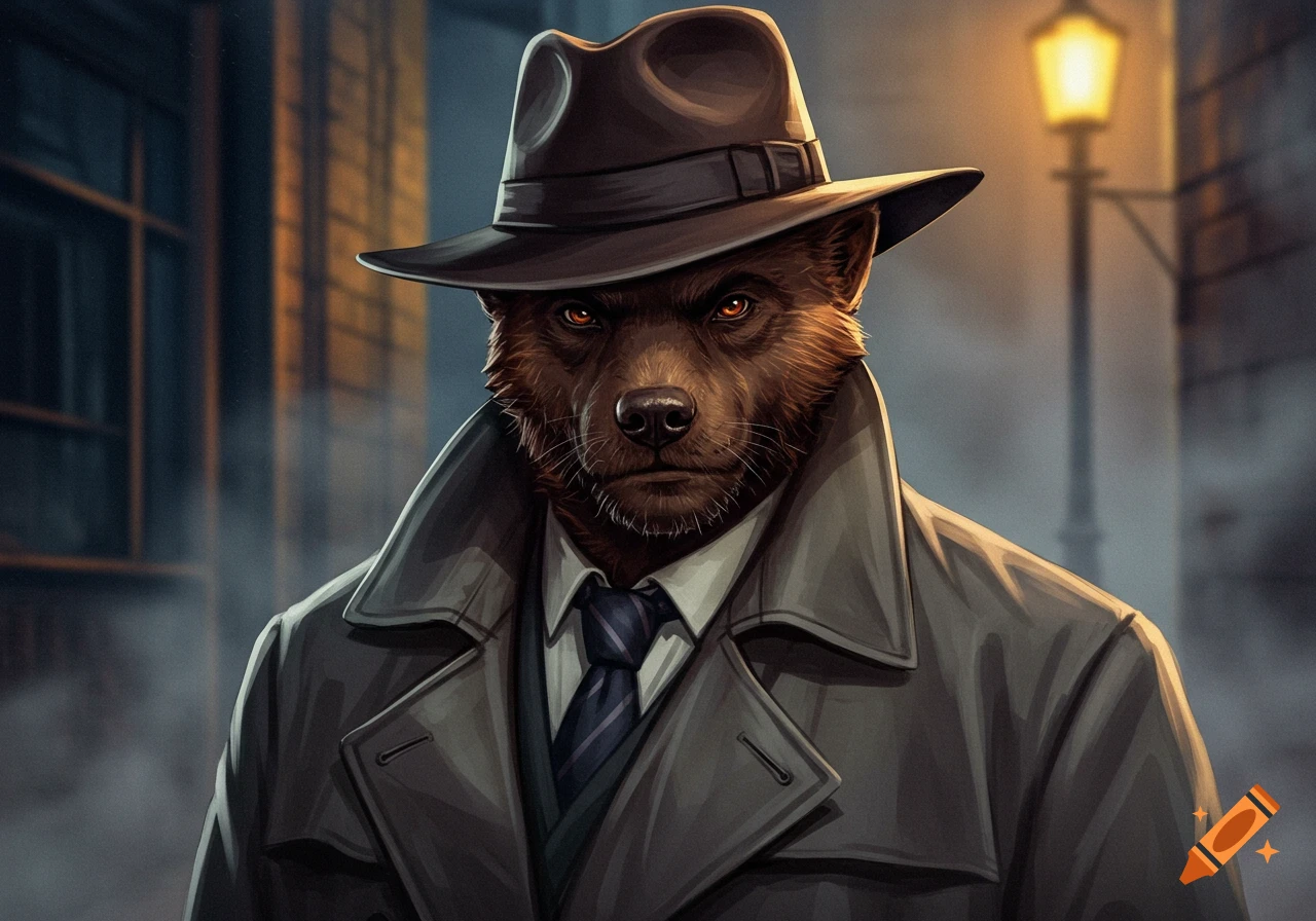 An anthropomorphic wolverine in a trench coat and hat stands under a streetlamp.