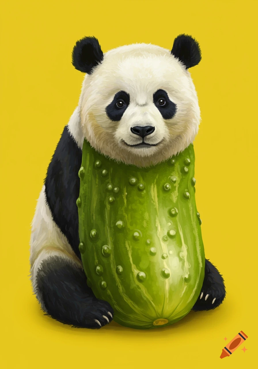A panda with its body replaced by a large pickle stands against a yellow background.