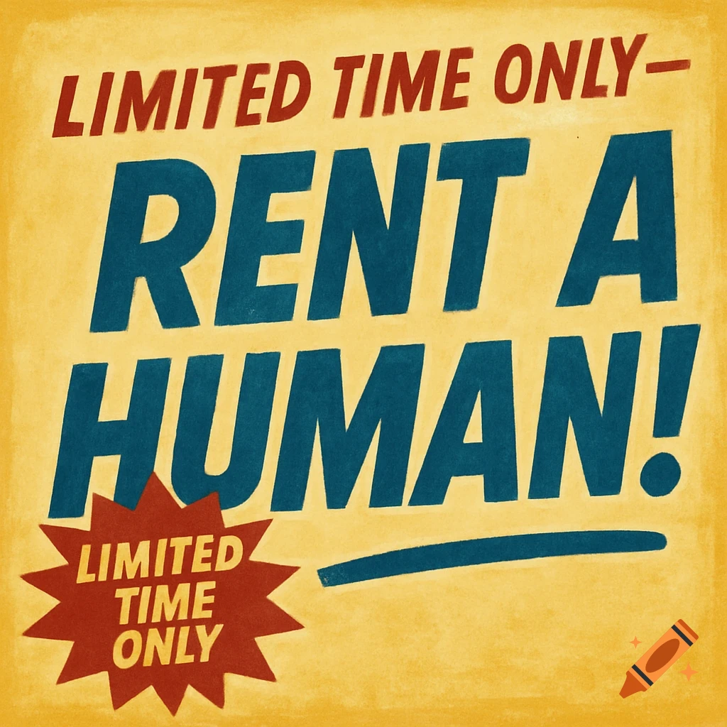 Retro style graphic poster with text: LIMITED TIME ONLY RENT A HUMAN!