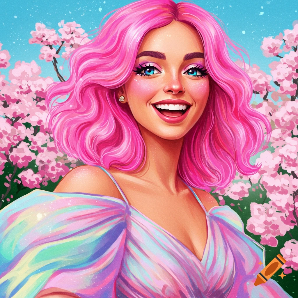 Portrait of a smiling woman with pink hair and a colorful dress in a cherry blossom garden, digital art.