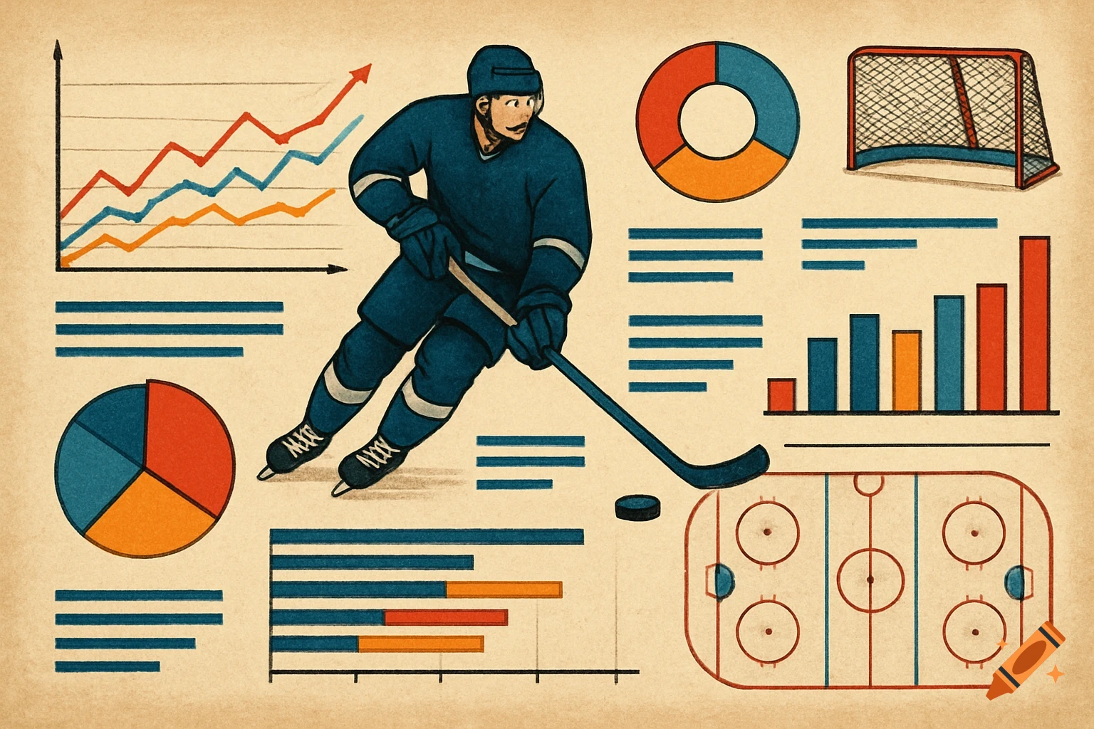 Illustration of a hockey player next to charts, graphs, a rink, and a goal net, depicting hockey data statistics.