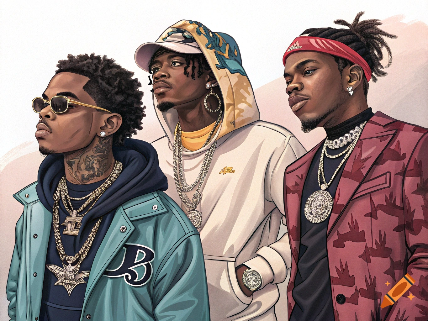 Illustration of three men in hip-hop fashion wearing jewelry and chains.