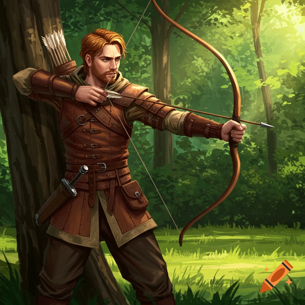 A man in medieval leather armor aims a bow and arrow in a sunlit forest.