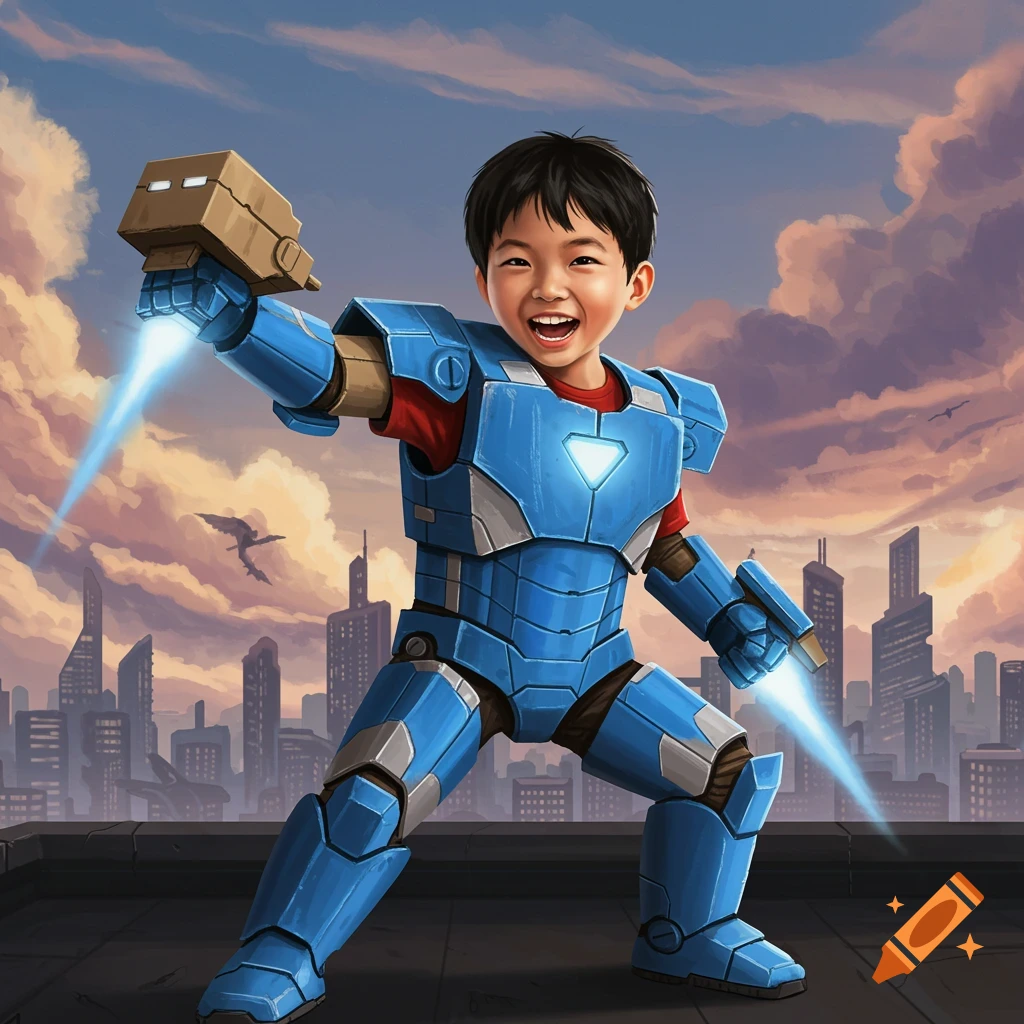 A young boy in a blue armored suit with glowing hands stands on a rooftop overlooking a city.