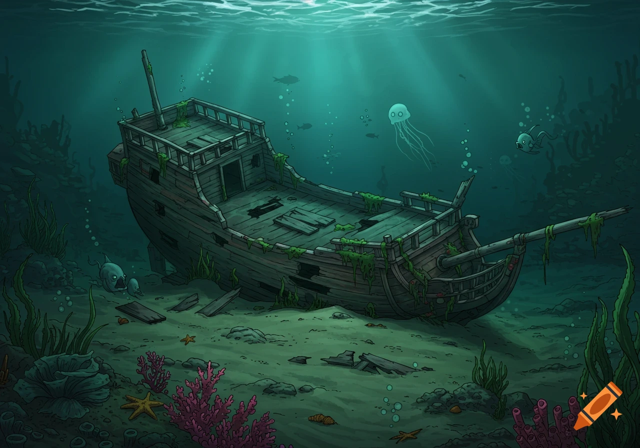 Illustration of a sunken wooden shipwreck on the seabed with fish, jellyfish, and coral.