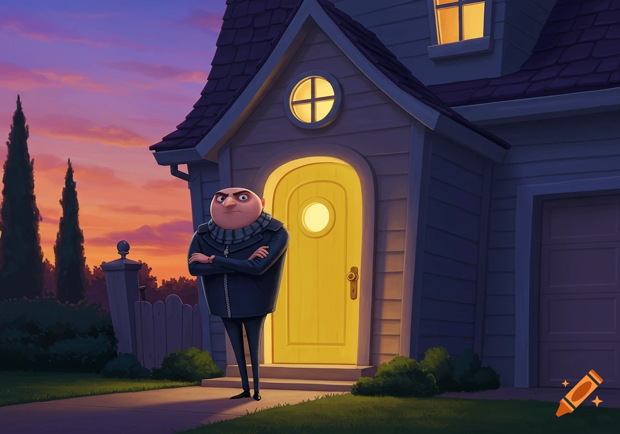 Gru stands with arms crossed outside his house at sunset.